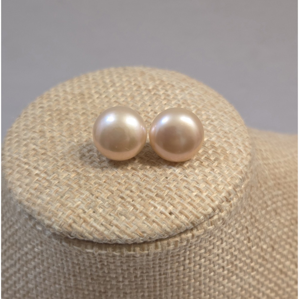 Beautiful 12mm Cultured Pearl & Sterling Silver Stud Earrings 925 Pinkish-cream